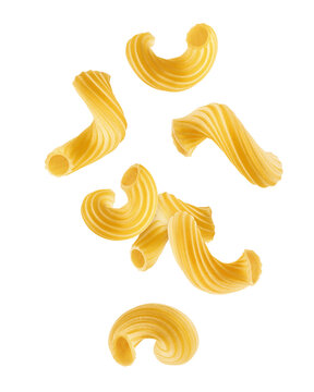 Falling raw Cavatappi, Cellentany, uncooked Italian Pasta, isolated on white background, full depth of field