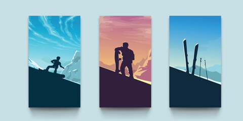 various ski landscape posters on grey color - obrazy, fototapety, plakaty