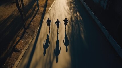 Aerial view of runners casting long shadows on a sunlit path.