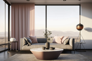 Modern interior design of the living room with big panoramic window. Super photo realistic background, generative ai illustration