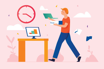 Deadline pink concept with people scene in the flat cartoon design. Man tries to complete all the tasks quickly because there is very little time left. Vector illustration.