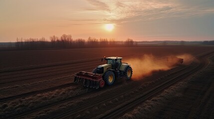 Fototapeta premium Tractor drives across large field making special beds for sowing seeds. Generative AI