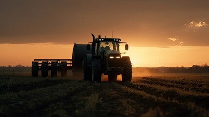 Fototapeta premium Tractor drives across large field making special beds for sowing seeds. Generative AI