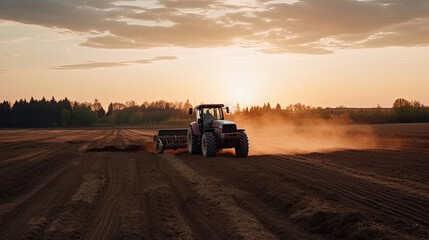 Fototapeta premium Tractor drives across large field making special beds for sowing seeds. Generative AI