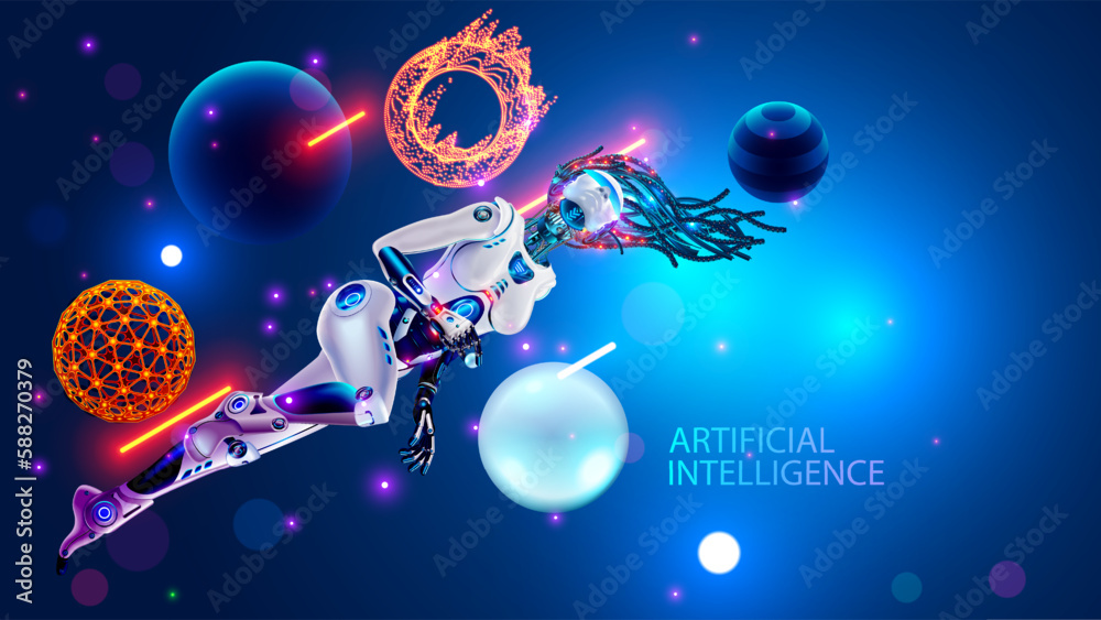 Aufkleber Artificial intelligence in the image beautiful robot woman with AI in virtual cyberspace among the data charts and diagrams. Neural networks learning concept. Female robot floating in zero gravity.