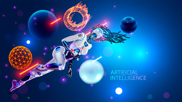 Artificial intelligence in the image beautiful robot woman with AI in virtual cyberspace among the data charts and diagrams. Neural networks learning concept. Female robot floating in zero gravity.