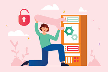 Server maintenance pink concept with people scene in the flat cartoon design. Technician rushes to fix errors in the servers so that people can continue to work. Vector illustration.