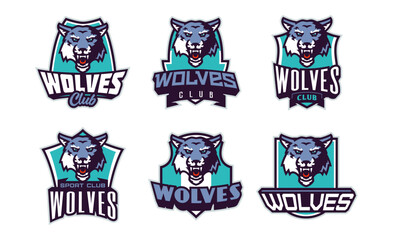 Set of sports logos with wolf mascots. Colorful collection sports emblem with wolf mascot and bold font on shield background. Logo for esport team, athletic club. Isolated vector illustration