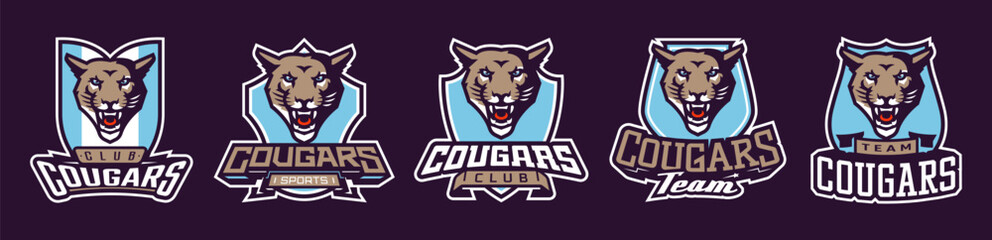 Set of sports logos with cougar mascots. Colorful collection sports emblem with cougar mascot and bold font on shield background. Logo for esport team, athletic club. Isolated vector illustration