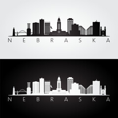 Nebraska state skyline and landmarks silhouette, black and white design. Vector illustration.