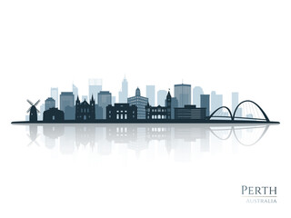 Perth skyline silhouette with reflection. Landscape Perth, Australia. Vector illustration.