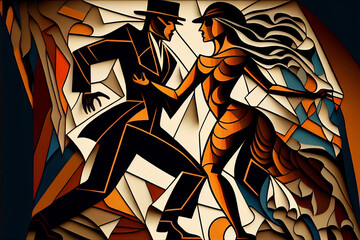 Latin American Hispanic male and female couple dancing the ballroom Tango dance shown in an abstract cubist style painting for a poster or flyer, computer Generative AI stock illustration image - obrazy, fototapety, plakaty