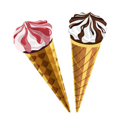 Delicious colorful chocolate and strawberry ice cream in waffle cups, isolated on a white background.Vector illustration of dessert.for restaurant menus,summer designs.