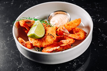 Whole fried big shrimps with seasonings in plate
