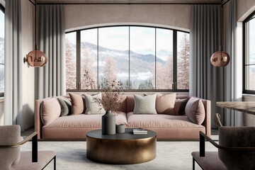 Modern interior design of the living room with big panoramic window. Super photo realistic background, generative ai illustration