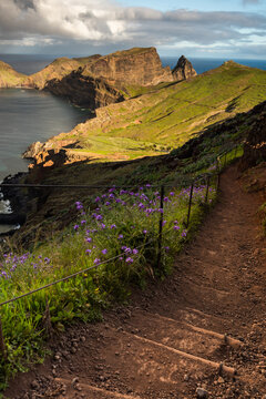 Hiking trial Vereda da Ponta de Sao Lourenco at spring sunrise in Madeira, Portugal