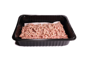 Fresh raw minced meat or ground meat in plastic container isolated on white