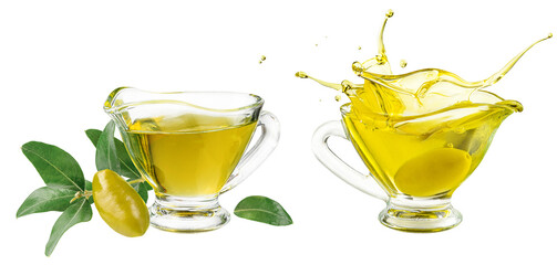 Extra virgin olive oil jar and green branch isolated on white background.