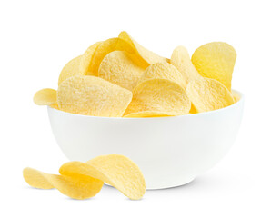 Fototapeta na wymiar Potato chips in white bowl isolated on white background