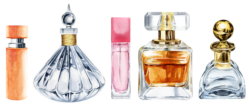 set of different watercolor perfume glass bottles, hand drawn illustration of transparent perfume flacon isolated on white background