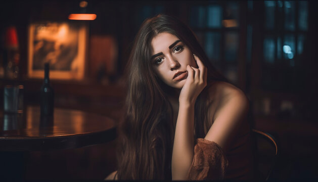 Single girl in a bar going out alone in the moody nightlife in dim light