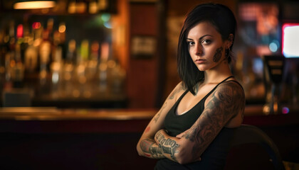 Fototapeta na wymiar Female bartender in a night club bar with lights that invites to a moody party atmosphere