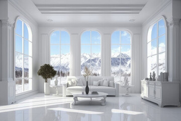 Fototapeta na wymiar Modern interior design of the living room with big panoramic window. Super photo realistic background, generative ai illustration
