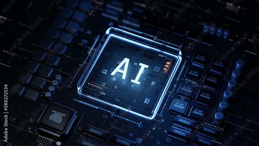 Poster 3d rendering of ai text on main board with sci fi futuristic elements. for artificial intelligence, 