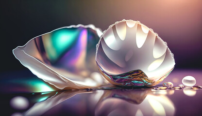 Abstract background, seashell with pearls, generative AI.