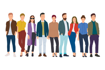 The diverse group of people, entrepreneurs, or office workers isolated on white background. Multinational company. Flat cartoon vector illustration.