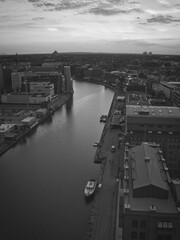 Black and white aerial view of the Munster harbor in Munster,  Germany