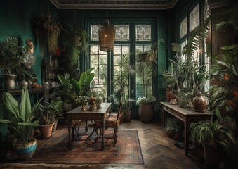 Fototapeta premium Internal garden, elegant greenhouse room with warm colors, welcoming and relaxing atmosphere, AI generated