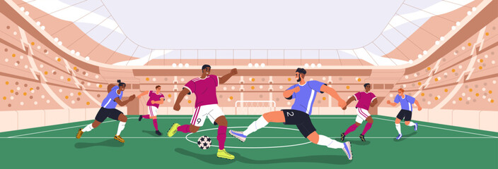Soccer players playing with ball at stadium. Teams during sport game at football field, grass at World Cup competition, match. Athletes in uniform at playground, panorama. Flat vector illustration © Good Studio