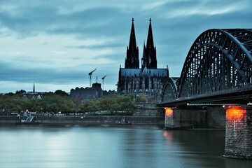 Cologne Cathedral and the Hohenzollern Bridge at dusk