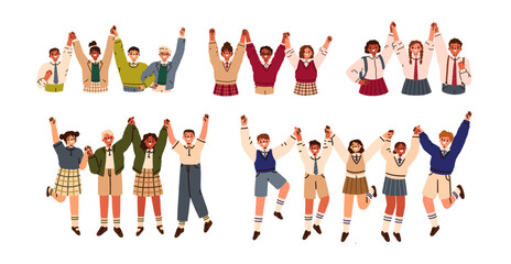 Happy school students celebrating, jumping up and holding hands together. Multi-ethnic teen pupils, boys and girls teenagers in uniform. Flat graphic vector illustrations isolated on white background