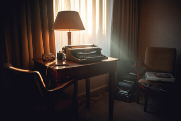 smoke hotel room, on table, old vintage typewriter. ai generative