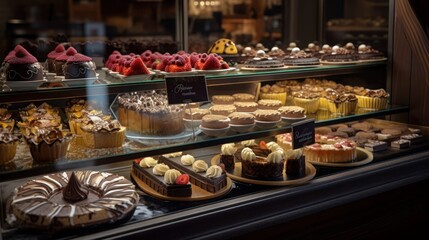 Fototapeta premium Desserts in bakery case, generative ai