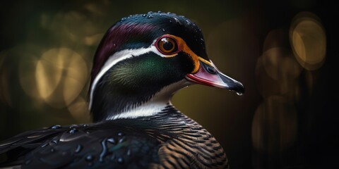 A wood duck bird portrait. Blurry background. Generative AI