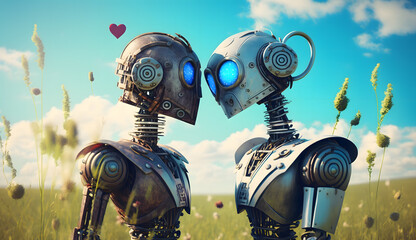 Two Robot want kissing in meadow and blue sky created using Generative AI Technology
