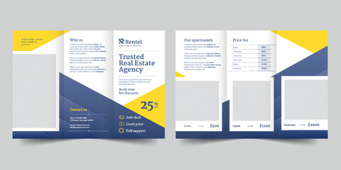  Apartment Rental  trifold brochure template. A clean, modern, and high-quality design tri fold brochure vector design. Editable and customize template brochure