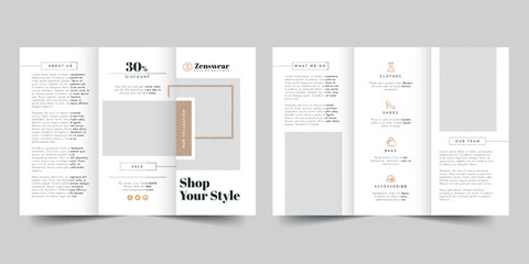 Fototapeta na wymiar Boutique Brochure trifold brochure template. A clean, modern, and high-quality design tri fold brochure vector design. Editable and customize template brochure