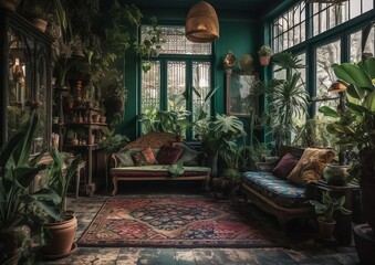 Fototapeta na wymiar Indoor garden, elegant greenhouse room with warm colors, cozy and relaxing atmosphere, AI generated