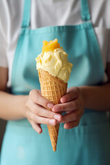 Mango ice cream cone in hands. Generative AI