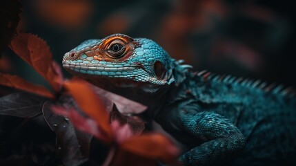 Fototapeta premium Colorful forest lizard on a tree bark in forest. Generative AI
