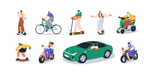 Electric transports set. Eco-friendly green vehicles. People ride, drive car, scooter, bicycle, bike, hoverboard, modern transportation. Flat graphic vector illustrations isolated on white background © Good Studio