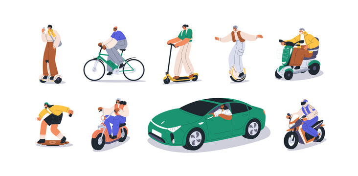 Electric transports set. Eco-friendly green vehicles. People ride, drive car, scooter, bicycle, bike, hoverboard, modern transportation. Flat graphic vector illustrations isolated on white background