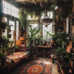 Indoor garden, elegant greenhouse room with warm colors, cozy and relaxing atmosphere, AI generated