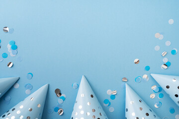 Boy, baby birthday, celebration concept with birthday cone and confetti
