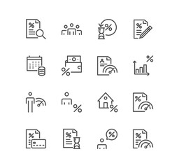 Set of credit rating related icons, mortgage, guarantors, bank building and linear variety symbols.	
