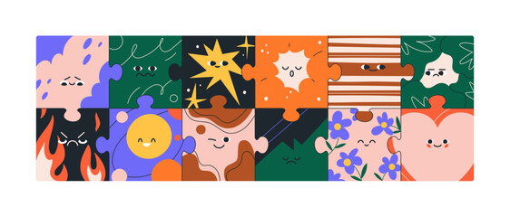 Abstract puzzle-shaped characters. Cute comic jigsaw pieces with funny faces, eyes, sad, happy, angry, laughing facial expressions. Emotions, childish psychology concept. Flat vector illustration